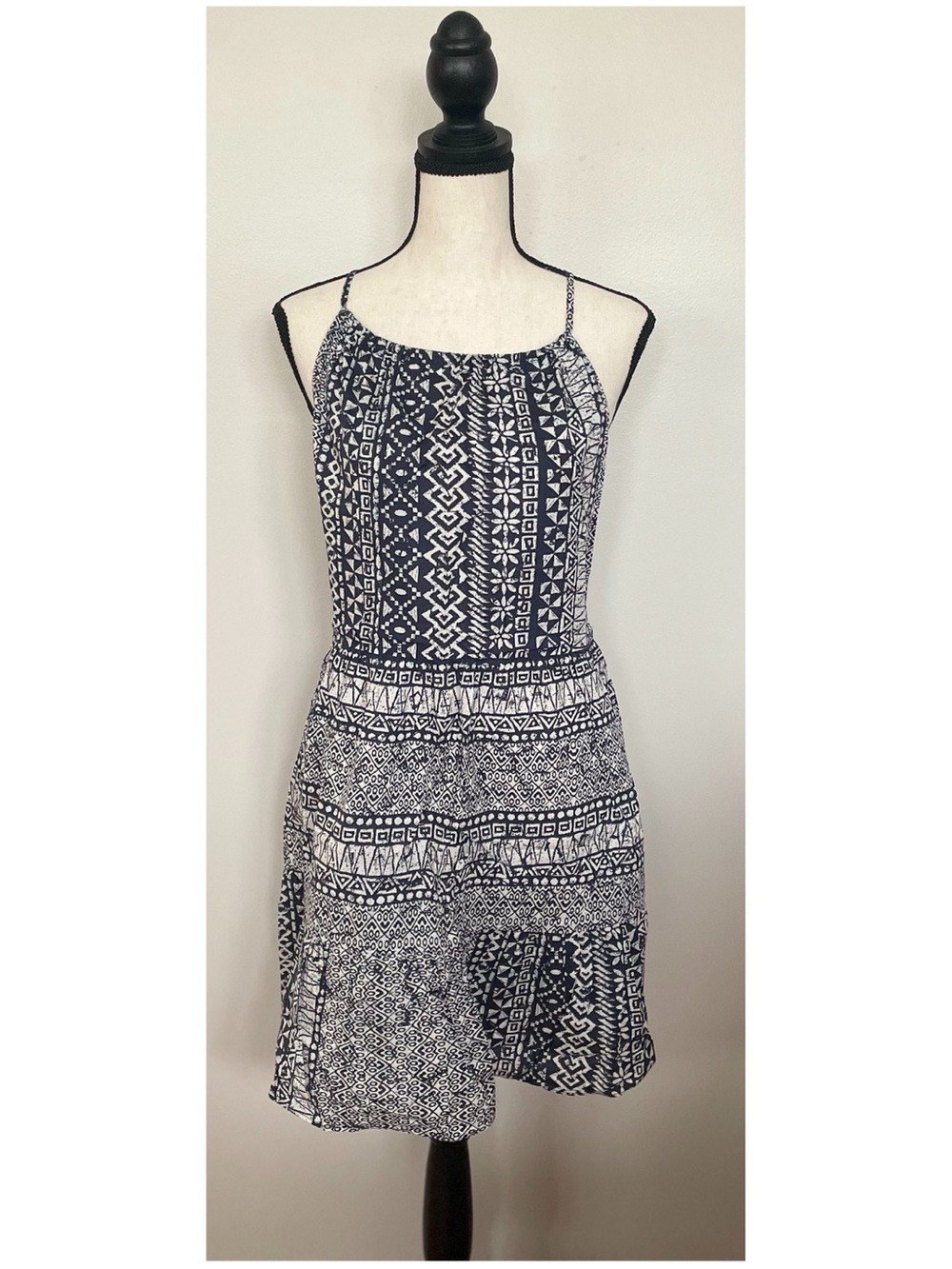 LOFT Navy and White Printed Spaghetti-Strap Mini Dress